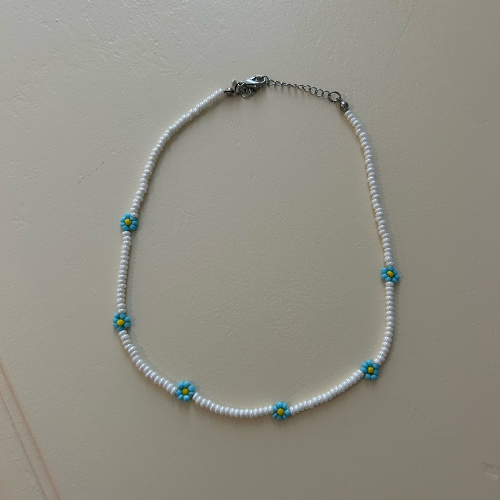 Elegant White and Blue Beaded Necklace